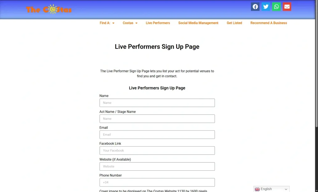 Live Performers Sign Up Page
